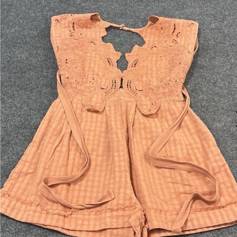 Free People Finley Peach Lace-Front Romper